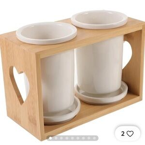 White Ceramic Mugs with Bamboo Holder